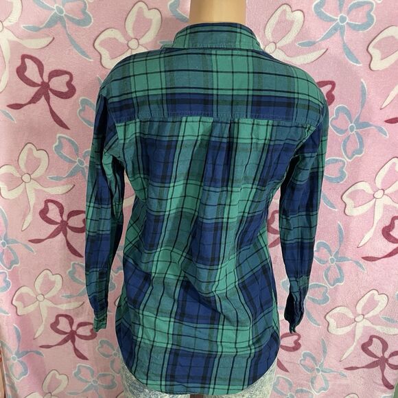 Y2k Old Navy Boyfriend Flannel Blue Green Plaid Size Small 07/14 - Picture 8 of 9